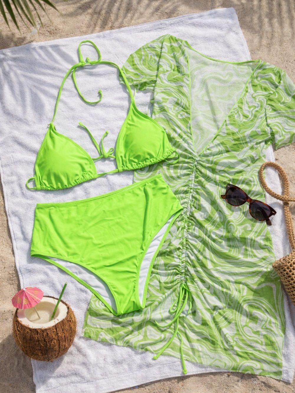 Neon Green 3PC Bikini Set 1X Runs Small (Fits M/L) + Cover Up 💚